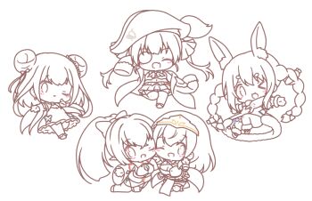 >_o 5girls :d ;d ^_^ absurdres animal_ear_fluff animal_ears bicorne blush bow braid breasts carrot_hair_ornament chibi cleavage cleavage_cutout closed_eyes clothing_cutout commentary_request double_bun dress elf eyepatch fang food-themed_hair_ornament fur-trimmed_dress fur_trim hair_bow hair_bun hair_ornament hair_ribbon hat headpiece highres hololive hololive_fantasy houshou_marine houshou_marine_(1st_costume) jacket large_breasts long_sleeves mitarashi_neko monochrome multiple_girls navel one_eye_closed open_clothes open_jacket open_mouth parted_lips pleated_skirt pointy_ears ponytail rabbit_ears ribbon shiranui_flare shiranui_flare_(1st_costume) shirogane_noel shirogane_noel_(1st_costume) shoes simple_background skirt sleeveless sleeveless_jacket sleeves_past_fingers sleeves_past_wrists smile spot_color thighhighs twin_braids twintails uruha_rushia uruha_rushia_(1st_costume) usada_pekora usada_pekora_(1st_costume) virtual_youtuber white_background