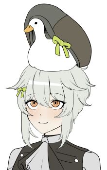 1girl absurdres beret bird black_hat bow commentary duck duck_on_head dushevnaya_(girls&#039;_frontline_2) girls&#039;_frontline girls&#039;_frontline_2:_exilium green_bow grey_background grey_hair hair_bow hat highres io_troublemaker ksvk_(girls&#039;_frontline) looking_up orange_eyes short_hair sidelocks simple_background smile solo symbol-only_commentary