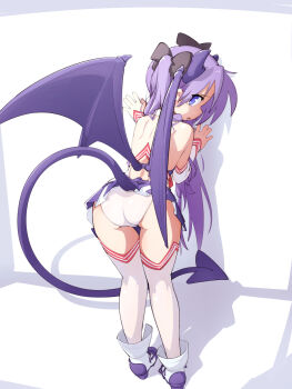 1girl against_wall ass back backless_outfit bare_back black_bow blue_eyes boots bow cheerleader demon_girl demon_horns demon_tail demon_wings detached_sleeves from_behind full_body hair_bow hiiragi_kagami horns loli long_hair looking_at_viewer looking_back lucky_star panties platinum_(mantafriend) purple_hair skirt solo standing tail thigh_gap thighhighs twintails underwear white_panties white_thighhighs wings