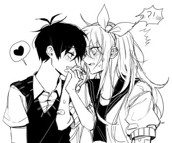 Rule 34 | !?, 1boy, 1girl, antenna hair, aubrey (faraway) (omori), aubrey (omori), bandaid, bandaid on arm, blush, closed mouth, collared shirt, commentary request, greyscale, hairband, heart, highres, holding hands, interlocked fingers, jacket, korean commentary, long hair, long sidelocks, looking at another, monochrome, omori, omori 0614, open clothes, open jacket, open mouth, shirt, short-sleeved jacket, short hair, short sleeves, sidelocks, speech bubble, spoken heart, spoken interrobang, sunny (omori), sweater vest