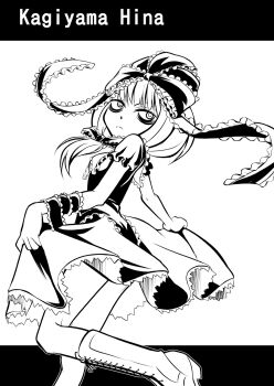 1girl ayana_mizuki bags_under_eyes boots bow character_name closed_mouth commentary_request curtsey dress expressionless feet_out_of_frame frilled_bow frilled_dress frills from_side front_ponytail greyscale hair_bow highres kagiyama_hina looking_at_viewer looking_back medium_hair monochrome short_sleeves solo touhou