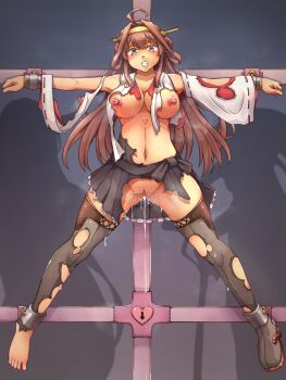 1girl ahoge bdsm bondi_tei bound breasts brown_hair cleft_of_venus cross crucifixion double_bun full_body hair_bun hairband headgear highres kantai_collection kongou_(kancolle) kongou_kai_ni_(kancolle) large_breasts large_variant_set long_hair navel nipples purple_eyes restrained skirt solo spread_eagle_position stationary_restraints torn_clothes torn_skirt torn_sleeves variant_set