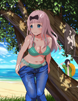 2girls 3: absurdres antenna_hair aqua_bikini averting_eyes bare_arms bare_shoulders beach bikini black_hair black_pants blue_eyes blue_sky blunt_bangs blush breasts cleavage closed_mouth clothes_pull collarbone commentary_request dappled_sunlight day denim derivative_work embarrassed feet_out_of_frame female_focus frilled_bikini frills frown fujiwara_chika gibun_(sozoshu) hair_ornament hairclip highres horizon jeans kaguya-sama_wa_kokurasetai_~tensai-tachi_no_renai_zunousen~ leaning_forward lens_flare long_hair looking_away looking_to_the_side md5_mismatch medium_breasts multiple_girls navel ocean open_fly open_pants pants pink_hair resolution_mismatch shirt sky solo_focus source_smaller standing stomach sunlight swimsuit tareme tree under_tree undressing unworn_shirt unzipped water white_shirt