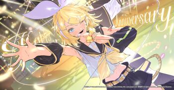 1boy 1girl ;d arm_tattoo belt black_sailor_collar black_shorts blonde_hair blue_eyes bow chinese_commentary collarbone commentary_request company_name copyright_notice detached_sleeves guest_art hair_ornament hairclip happy_anniversary headset highres holding holding_microphone kagamine_len kagamine_rin lantern_madoyoi long_sleeves lower_teeth_only microphone navel neckerchief number_tattoo official_art one_eye_closed open_mouth parallel_hairclips project_sekai sailor_collar second-party_source shirt shorts sleeveless sleeveless_shirt smile tattoo teeth tongue treble_clef vocaloid webpage white_bow white_shirt yellow_belt yellow_neckerchief