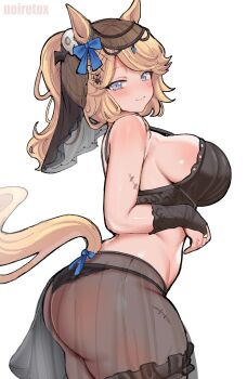 1girl alternate_costume animal_ears artist_name ass black_bra black_gloves black_panties black_veil blonde_hair blue_bow blue_eyes blush bow bra breasts bridal_gauntlets frilled_thigh_strap from_side gloves gold_city_(umamusume) hair_bow hair_ornament halloween horse_ears horse_girl horse_tail large_breasts lingerie lips long_hair noiretox panties ponytail scar scar_on_arm scar_on_thigh see-through_clothes see-through_skirt sideboob skindentation skirt skull_hair_ornament smile solo spider_hair_ornament spider_web_hair_ornament standing tail tail_bow tail_ornament thick_thighs thigh_strap thighs thong umamusume underwear veil white_background