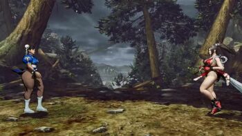 2girls 3d akiman_pose animated audible_music blue_dress bracelet breast_press breasts brown_eyes brown_hair capcom china_dress chinese_clothes chun-li double_bun dress earrings faceoff fatal_fury fatal_fury:_city_of_the_wolves female_focus forest game_screenshot hair_bun high_ponytail japanese_clothes jewelry large_breasts mod multiple_girls nature outdoors pelvic_curtain ponytail shiranui_mai snk sound spiked_bracelet spikes street_fighter street_fighter_6 symmetrical_docking tagme thick_thighs thighs trait_connection video video_game_screencap walking