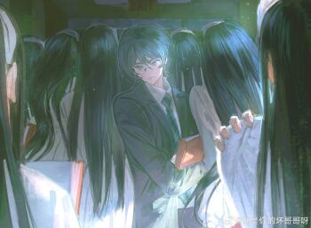 1boy 6+girls bad_source black_hair black_jacket book clone closed_mouth collared_shirt from_behind glasses grey_jacket gundam hairband hand_on_another's_shoulder highres holding holding_book indoors jacket kamille_bidan long_hair long_sleeves multiple_girls necktie plaid_clothes plaid_necktie pulppunk001 school_uniform shirt short_hair solo_focus suit_jacket upper_body watermark weibo_username weibo_watermark white_hairband white_shirt zeta_gundam