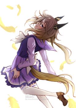 Rule 34 | 1girl, animal ears, blush, bow, bowtie, brown eyes, brown hair, closed mouth, commentary request, ear covers, hair between eyes, highres, horse ears, horse girl, horse tail, long hair, looking at viewer, multicolored hair, pleated skirt, purple sailor collar, purple serafuku, purple shirt, purple skirt, sailor collar, sailor shirt, school uniform, serafuku, shirt, shoes, skirt, smile, solo, stay gold (umamusume), streaked hair, tail, thighhighs, tracen school uniform, umamusume, white bow, white bowtie, white hair, white thighhighs, youai you