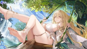 1girl absurdres azur_lane bare_shoulders barefoot blonde_hair breasts cleavage copyright_notice dated day elf feet from_below gouden_leeuw_(azur_lane) highres jewelry large_breasts legs_up long_hair looking_at_viewer mo:oku mole mole_under_eye nature no_panties off_shoulder official_art on_swing outdoors parted_lips pelvic_curtain pointy_ears purple_eyes revealing_clothes second-party_source see-through_clothes see-through_pelvic_curtain skindentation soles solo swing swinging_on_swing thighlet thighs toes tree very_long_hair world_of_warships