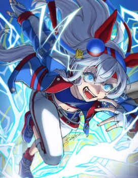 Rule 34 | 1girl, animal ears, ayrw7t1, belt, blue eyes, blue hairband, blue jacket, blue sports bra, commentary request, crop top, ear covers, electricity, fang, fingerless gloves, gloves, grey hair, grey tail, hair between eyes, hairband, headband, highres, horse ears, horse girl, horse tail, jacket, lightning, lightning bolt print, lightning bolt symbol, long hair, long sleeves, midriff, navel, open mouth, pants, red belt, red headband, running, smile, solo, sports bra, striped clothes, striped hairband, tail, tamamo cross (umamusume), tamamo cross (with lightning speed) (umamusume), teeth, umamusume, very long hair, white pants
