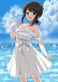 1girl :d alternate_breast_size_(larger) black_hair blue_sky blush breasts cloud collarbone commentary_request day dress feet_out_of_frame frilled_dress frills fubuki_(anniversary)_(kancolle) fubuki_(kancolle) green_eyes hand_up highres horizon kantai_collection kitagawa_mikio low_ponytail medium_breasts medium_hair ocean off-shoulder_dress off_shoulder official_alternate_costume open_mouth outdoors ponytail see-through_silhouette short_ponytail sidelocks sky smile solo standing water