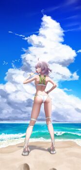 1girl aa-12_(girls'_frontline) aa-12_(the_sun_never_rises)_(girls'_frontline) absurdres ahoge ass back bare_arms bare_back bare_shoulders beach bead_bracelet beads bikini blue_eyes blue_sky blush bracelet breasts butt_crack candy closed_mouth cloud cloudy_sky commentary_request cumulonimbus_cloud day food from_behind from_below full_body girls'_frontline girls'_frontline_2:_exilium hand_on_own_hip hand_up highres holding holding_candy holding_food holding_lollipop jewelry kneepits legs legs_apart lind_(girls'_frontline_2) lollipop looking_at_viewer looking_back medium_breasts medium_hair ocean outdoors sandals shadow shoes side-tie_bikini_bottom sky smile solo sona_konohatori sports_sandals standing swimsuit thigh_strap thighs turning_head water white_bikini white_hair white_sandals white_shoes