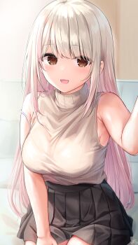 Rule 34 | 1girl, absurdres, armpit crease, bare shoulders, black skirt, bra strap, breasts, brown eyes, commentary request, cowboy shot, eyes visible through hair, hand up, high-waist skirt, highres, large breasts, long hair, looking at viewer, motherly-chan (ramchi), open mouth, original, pleated skirt, ramchi, sidelocks, skirt, sleeveless, sleeveless turtleneck, smile, strap slip, sweater, translation request, turtleneck, turtleneck sweater, white hair