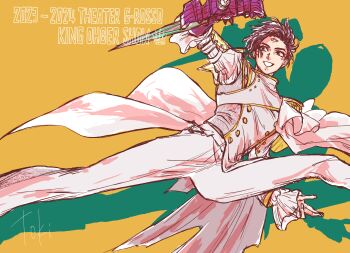 absurdres black_hair character_request coat commentary_request different_shadow facial_mark forehead_mark highres holding holding_weapon ohsama_sentai_king-ohger pants simple_background solo spider_kumonos super_sentai toki_(nre03350n) tokusatsu weapon white_coat white_pants yellow_background