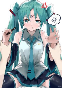 1girl 1other :t anger_vein aqua_eyes aqua_hair aqua_nails aqua_necktie aqua_trim asahi_kuroi black_skirt closed_mouth collared_shirt detached_sleeves grey_shirt hair_ornament hatsune_miku highres holding holding_another&#039;s_wrists long_hair long_sleeves looking_at_viewer miniskirt necktie pleated_skirt pout pov pov_hands shirt skirt sleeveless sleeveless_shirt twintails very_long_hair vocaloid wide_sleeves