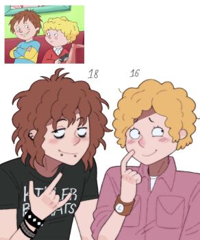 2boys aged_up black_shirt blonde_hair brothers brown_hair curly_hair ear_piercing highres horrid_henry horrid_henry_(character) krikzilla male_focus messy_hair multiple_boys perfect_peter piercing pink_shirt shirt short_hair siblings