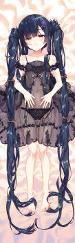 1girl absurdly_long_hair arikawa_satoru black_hair black_panties blush commentary_request dakimakura_(medium) flat_chest flower_knight_girl highres lingerie long_hair looking_at_viewer lying navel negligee on_back panties parted_lips red_eyes see-through_clothes solo torikabuto_(flower_knight_girl) twintails underwear very_long_hair