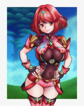 1girl absurdres antilerhour artist_name bob_cut border breasts brown_gloves chest_jewel closed_mouth commentary core_crystal_(xenoblade) covered_navel cowboy_shot fingerless_gloves gem gloves green_gemstone hands_on_own_hips highres impossible_clothes large_breasts looking_at_viewer outside_border pyra_(xenoblade) red_eyes red_hair red_shorts short_hair short_shorts shorts solo tiara white_border xenoblade_chronicles_(series) xenoblade_chronicles_2