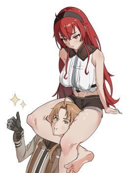 1boy 1girl absurdres barefoot between_legs blush brown_hair commentary_request couple eris_greyrat feet femdom foot_out_of_frame green_eyes head_between_thighs hetero highres husband_and_wife kaoru_puripuri legs long_hair mushoku_tensei red_eyes red_hair rudeus_greyrat scissorhold soles thumbs_up toes triangle_choke