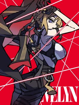 1girl arm_strap arm_up ass bare_shoulders black_coat black_pants blonde_hair breasts character_name chest_harness coat commentary_request elbow_gloves evelyn_chevalier from_side gloves half_gloves harness high-waist_pants highres latex_pants long_ribbon looking_at_viewer looking_back pants purple_eyes red_background ring_hair_ornament shirt single_elbow_glove single_half_glove sleeveless sleeveless_shirt solo thread tight_clothes tight_pants white_shirt zenless_zone_zero zito_(zito222)