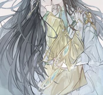 2boys aqua_shirt black_hair brown_hair chinese_clothes chinese_commentary closed_mouth cnderg cowboy_shot earrings hand_in_another&#039;s_hair hand_on_another&#039;s_hip hand_on_another&#039;s_shoulder hanfu head_out_of_frame highres hua_yi_shanxin_zhiyue jewelry kiss layered_sleeves long_hair long_sleeves male_focus mandarin_collar multiple_boys multiple_rings ring robe shirt simple_background sleeves_past_wrists tassel tassel_earrings the_prince_(hua_yi_shanxin_zhiyue) very_long_hair white_background white_hanfu white_robe white_shirt wide_sleeves xuan_wangjun yaoi yellow_hanfu yellow_robe