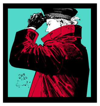 Rule 34 | 1boy, adjusting clothes, adjusting headwear, arm up, blue background, border, closed eyes, coat, collared coat, commentary request, dated, from side, gloves, hair bun, hat, kotteri, layered sleeves, limited palette, long sleeves, male focus, open mouth, original, peaked cap, see-through clothes, short sideburns, sideburns, solo, upper body, white border