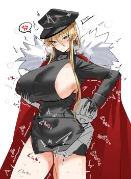 age_difference anger_vein azur_lane bismarck_(azur_lane) bismarck_zwei_(azur_lane) black_gloves blonde_hair blue_eyes blush breasts cape coat_of_arms fingering fur-trimmed_cape fur_trim gloves groping hand_on_another's_head height_difference highres horn/wood large_breasts molestation onee-shota shotadom sketch spoken_anger_vein