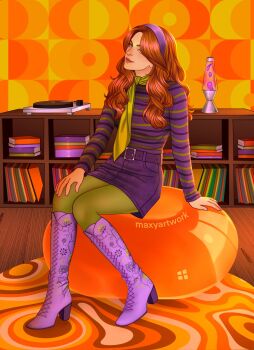Rule 34 | arm support, belt, belt buckle, boots, breasts, buckle, carpet, daphne blake, denim, denim skirt, facing to the side, floral print, green pantyhose, hairband, hand on own knee, head tilt, high heel boots, high heels, highres, indoors, knee boots, knees together feet apart, lace-up boots, living room, long hair, long sleeves, looking at viewer, maxy artwork, medium breasts, miniskirt, narrow waist, orange hair, pantyhose, phonograph, print boots, purple belt, purple boots, purple eyes, purple hairband, purple shirt, purple skirt, scarf, scooby-doo (series), shirt, sitting, skirt, slim legs, smile, striped clothes, striped shirt, vinyl record, wavy hair, wooden floor, yellow scarf
