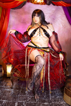 1girl asian belly belly_dancer black_hair breasts chouzuki_maryou cleavage highres large_breasts lipstick makeup photo_(medium) plump solo thick_thighs thighs underboob