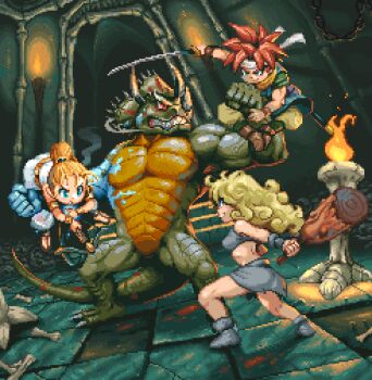 2boys 2girls animated animated_gif ayla_(chrono_trigger) battle blonde_hair bone chrono_(series) chrono_trigger clenched_teeth club_(weapon) crono_(chrono_trigger) crop_top cryokinesis curly_hair dinosaur_boy dungeon electricity fire holding holding_sword holding_weapon horns in-universe_location loincloth looping_animation magic marle_(chrono_trigger) midriff moonshen_timojim multiple_boys multiple_girls muscular muscular_male nizbel_ii pixel_art red_hair reptile_boy sharp_teeth smile spiked_hair square_enix sword tail teeth torch weapon