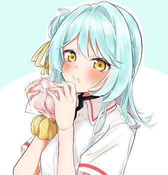 Rule 34 | 1girl, ashigaya high school uniform, blue background, blue hair, blush, closed mouth, eating, food, food on face, hair bun, hands up, highres, koyanagi kaho, medium hair, nuooooodoomo, school uniform, scrunchie, shirt, single side bun, solo, two-tone background, upper body, watashi ga koibito ni nareru wake naijan murimuri!, white background, white shirt, wrist scrunchie, yellow eyes