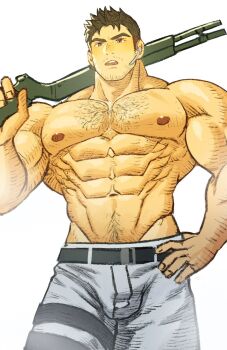 1boy abs bara beard_stubble bulge chris_redfield cowboy_shot facial_hair highres large_pectorals looking_at_viewer male_focus mature_male muscular muscular_male mustache_stubble navel navel_hair nipples pants pectorals resident_evil short_hair shredded_muscles solo sparse_chest_hair standing stomach stubble topless_male toshun_(momotoshi) tsurime