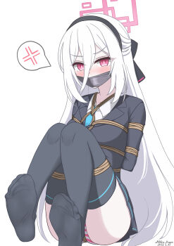 1girl arms_behind_back black_bow black_hairband black_jacket black_skirt black_thighhighs blue_archive blue_necktie blush bound bound_arms bound_thighs bound_torso bow chinese_commentary collared_shirt commentary_request gag gagged hair_between_eyes hair_bow hairband half_updo highres improvised_gag jacket kei_(blue_archive) kei_(student)_(blue_archive) long_hair miniskirt mixed-language_commentary necktie neko_huan no_shoes panties partial_commentary pink_eyes pink_hair pink_panties shirt skirt soles solo striped_clothes striped_panties sweat tape tape_gag thighhighs underwear upskirt very_long_hair white_shirt