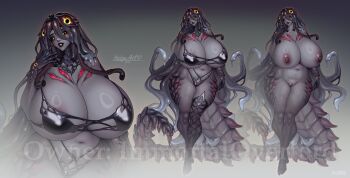 1girl absurdres areola_slip artist_name belly bikini black_bikini black_hair black_lips black_sclera black_skin breasts cephalopod_eyes cleft_of_venus colored_sclera colored_skin curvy extra_eyes full_body gigantic_breasts glowing glowing_eyes godzilla_(series) godzilla_vs._hedorah gradient_background grey_hair grey_skin hedorah highres horizontal_pupils kaiju kolga_art large_areolae large_nipples long_hair looking_at_viewer monster_girl multiple_views navel nipples nude parted_lips plump pussy single_thighhigh smile standing swimsuit tail tentacle_hair tentacles thick_thighs thighhighs thighs toho uncensored very_long_hair wide_hips yellow_eyes