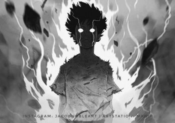 1boy absurdres arms_at_sides artist_name artstation_username aura belt glowing glowing_eyes grey_background greyscale highres instagram_username kageyama_shigeo looking_at_viewer male_focus manip mob_psycho_100 monochrome rubble shirt solo spiked_hair standing t-shirt torn_clothes upper_body watermark