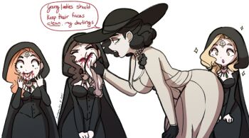 4girls alcina_dimitrescu artist_name bela_dimitrescu bent_over black_hair black_headwear blonde_hair blood blood_on_face breasts cassandra_dimitrescu cleavage commentary daniela_dimitrescu english_commentary english_text from_side highres hood kinkymation large_breasts long_hair long_sleeves looking_at_ass medium_breasts medium_hair mother_and_daughter multiple_girls open_mouth resident_evil resident_evil_village siblings simple_background sisters sparkle tongue tongue_out upper_body wiping_face