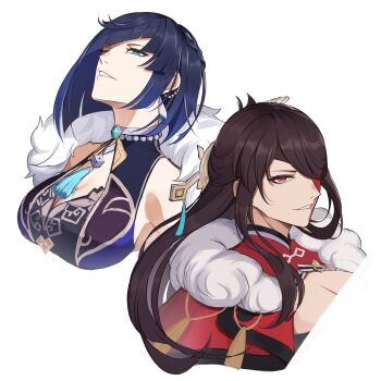 2girls absurdres beidou_(genshin_impact) blue_hat breasts brown_hair cleavage eyepatch genshin_impact green_eyes hair_ornament hair_stick hat highres long_hair looking_at_viewer multiple_girls one_eye_closed pnatsu red_eyes short_hair smile swept_bangs white_background yelan_(genshin_impact)