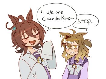 2girls agnes_tachyon_(umamusume) ahoge animal_ears blush_stickers boro^2 brown_hair closed_eyes commentary english_commentary english_text hair_between_eyes hair_ornament hairclip highres horse_ears horse_girl huge_ahoge jungle_pocket_(umamusume) lab_coat long_sleeves looking_at_another medium_hair multiple_girls music musical_note open_mouth purple_shirt shirt simple_background singing sleeves_past_fingers sleeves_past_wrists small_sweatdrop smile speech_bubble umamusume upper_body white_background