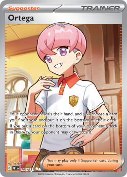 Rule 34 | 1boy, artist name, buttons, card (medium), character name, collared shirt, company name, copyright name, copyright notice, curtains, english text, eyelashes, hand on own hip, indoors, male focus, naranja academy school uniform, nintendo, official alternate costume, official art, ortega (pokemon), pink hair, plant, pokemon, pokemon card, pokemon sv, pokemon tcg, potted plant, purple eyes, school uniform, shirt, short hair, short sleeves, smile, solo, team star, teeth, teeziro, third-party source, trading card, white shirt, window
