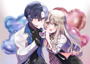 Rule 34 | 1boy, 1girl, aoyagi touya, azusawa kohane, balloon, belt, belt buckle, black belt, black gloves, brown eyes, brown hair, buckle, chinese commentary, closed mouth, collared shirt, commentary request, flower, gloves, headset, heart, heart balloon, heart hands, highres, kimi to utau sakura-mau sekai de (project sekai), lapels, long hair, long sleeves, looking at viewer, mole, mole under eye, notched lapels, official alternate costume, official alternate hairstyle, open mouth, pink flower, project sekai, shirt, siamo, smile, sparkle, upper body, whip the wimp girl!! (project sekai)