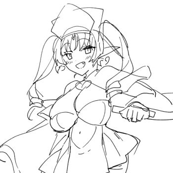 1girl breasts brooch capelet cleric clothing_cutout earrings elf fang heart heart_brooch heart_earrings jewelry large_breasts long_sleeves miniskirt navel ninoko original parted_bangs pointy_ears simple_background sketch skirt stomach_cutout thighhighs twintails white_background