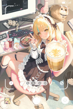 1girl aqua_streaks battery_indicator beer_mug black_socks blonde_hair blush bow can cat cellphone chopsticks closed_mouth commentary_request computer_keyboard crossed_legs cup douya_(yaomiaomiao) dress fake_screenshot food frilled_dress frills hair_bow highres holding holding_cup indoors looking_at_viewer monitor mug multicolored_hair nail_polish official_art phone purple_nails sitting sixiwanzi slippers socks solo streaked_hair stuffed_animal stuffed_toy trash_can v viewfinder virtual_youtuber yellow_eyes yoyi_(vtuber)