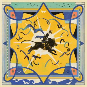 1boy armor banner bird chimera choidomart from_side full_armor highres holding_banner knight original riding saddle solo star_(symbol)