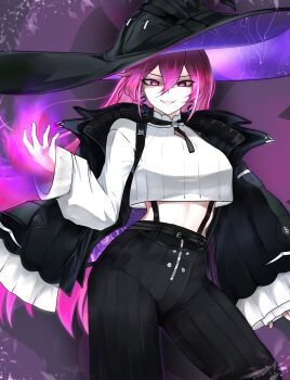 Rule 34 | 1girl, absurdres, belt, black belt, black hat, black pants, cafflin, commission, cosplay, cropped shirt, earrings, hair between eyes, hat, highres, jacket, jacket on shoulders, jewelry, linea alba, long hair, long sleeves, midriff, pants, phase connect, pink eyes, pink hair, runie ruse, shirt, shisui michiru, shisui michiru (cosplay), shisui michiru (michiru 2.0), smile, snake earrings, solo, suspenders, virtual youtuber, white shirt, witch hat