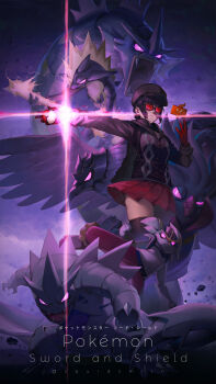 1girl absurdres black_hair black_jacket cinderace copyright_name corviknight fog gen_1_pokemon gen_2_pokemon gen_4_pokemon gen_6_pokemon gen_8_pokemon gloria_(pokemon) gloves glowing gyarados hat highres jacket malamar nintendo poke_ball poke_ball_(basic) pokemon pokemon_(creature) pokemon_swsh purple_eyes red-tinted_eyewear red-tinted_glasses red_gloves red_skirt rock rotom rotom_dex shine skirt squidsmith sunglasses thighhighs thighs tinted_eyewear toxtricity toxtricity_(amped) tyranitar