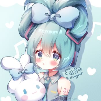 Rule 34 | 1girl, aqua background, aqua hair, aqua necktie, arm tattoo, artist name, black sleeves, blue bow, blush, bow, cinnamiku, cinnamoroll, collared shirt, commentary request, detached sleeves, fuwa fuwa cinnamoroll, green eyes, grey shirt, hair between eyes, hair bow, hamiyamiko, hatsune miku, heart, heart in eye, highres, musical note, necktie, number tattoo, partial commentary, sanrio, shirt, sleeveless, sleeveless shirt, symbol in eye, tattoo, updo, vocaloid