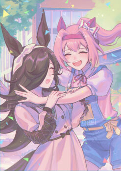 2girls absurdres animal_ears blue_overalls blush bow bow_hairband brown_dress brown_hair casual closed_eyes collared_dress commentary dress ear_bow ear_covers elwenz english_commentary flipped_hair hair_over_one_eye hairband haru_urara_(casual)_(umamusume) haru_urara_(umamusume) headband highres horse_ears horse_girl horse_tail long_hair long_sleeves multiple_girls official_alternate_costume open_mouth outdoors overall_shorts overalls pink_hair pink_headband pink_shirt ponytail red_headband ribbon rice_shower_(casual)_(umamusume) rice_shower_(umamusume) shirt short_sleeves smile tail teeth umamusume upper_teeth_only white_hairband