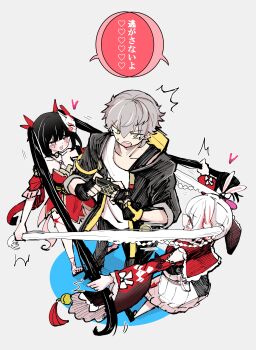1boy 2girls 6sakuu :d absurdres bell black_choker black_gloves black_hair black_jacket black_sash black_slippers blunt_bangs blush breasts caelus_(honkai:_star_rail) capelet choker cleavage collarbone commentary_request criss-cross_halter diamond_(shape) diamond_facial_mark diamond_on_cheek dot_nose dress facial_mark fingerless_gloves fox_mask full_body gloves grabbing_another's_hair grey_background grey_hair halterneck hat_ornament heart highres holding holding_another's_hair holding_phone honkai:_star_rail honkai_(series) jacket long_hair long_sleeves looking_at_another mark_under_both_eyes mask mask_on_head multiple_girls neck_bell open_clothes open_jacket open_mouth phone pulling rabbit_ear_headwear rabbit_hat_ornament red_capelet red_dress red_eyes red_sleeves sash shirt short_dress simple_background slippers smile sparkle_(honkai:_star_rail) sparxie_(honkai:_star_rail) speech_bubble tassel teeth trailblazer_(honkai:_star_rail) translation_request twintails upper_teeth_only very_long_hair white_dress white_shirt yellow_eyes