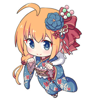 1girl ahoge animal_print black_sandals blue_eyes blue_flower blue_kimono blush brown_sash butterfly_print chibi chibi_only closed_mouth commentary_request double-parted_bangs flower full_body hair_flower hair_ornament hair_ribbon hands_up japanese_clothes kimono long_hair long_sleeves looking_at_viewer niwa_so_ji obi okobo orange_hair pecorine_(princess_connect!) platform_sandals princess_connect! print_kimono red_ribbon ribbon sandals sash simple_background smile socks solo standing tabi white_background white_socks wide_sleeves