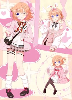 1girl :d :o abstract_background aged_down animal_ear_hairband animal_ear_hood animal_ears animal_hood animal_print april_fools bad_tag bag bare_shoulders belt birthday black_bag black_bow black_straps border bow braid breasts bright_pupils brown_leggings brown_shoes buckle buttons card character_print closed_mouth coat coffee_cup_print collarbone collared_coat collared_shirt commentary cowboy_shot cowlick crown_print diamond_(shape) dot_nose double_horizontal_stripe drawstring dress enderkj fake_animal_ears feathered_wings feathers flower frilled_shirt frills full_body gochuumon_wa_usagi_desu_ka? hair_between_eyes hair_bun hair_ornament hair_ribbon hairband hairclip half_updo handbag heart heart-shaped_buckle heart_belt_buckle heart_hairclip heart_print highres hood hood_down hoodie hoto_cocoa index_finger_raised jacket knees_together_feet_apart koi_(koisan)_(style) leg_warmers leggings light_blush loafers long_sleeves looking_at_viewer lop_rabbit_ears medium_breasts medium_hair messy_hair mixed-language_commentary multicolored_bow multiple_views off_shoulder official_alternate_costume one_eye_closed open_clothes open_hoodie open_jacket open_mouth orange_hair outside_border pigeon-toed pink_border pink_bow pink_coat pink_dress pink_feathers pink_flower pink_hoodie pink_ribbon pink_theme pink_wrist_cuffs plaid_clothes plaid_skirt playing_card pleated_skirt purple_eyes purple_pupils rabbit_belt_buckle rabbit_ear_hairband rabbit_ears rabbit_hood rabbit_house_logo rabbit_print rabbit_symbol red_bow ribbon school_uniform shirt shirt_tucked_in shoes short_side_ponytail sitting skirt sleeveless sleeveless_shirt sleeves_past_wrists small_breasts smile solo speech_bubble spoken_heart standing star_(symbol) strap stuffed_animal stuffed_rabbit stuffed_toy sweater_vest thigh_strap white_belt white_bow white_leg_warmers white_rabbit_(animal) white_shirt white_sweater_vest white_theme white_wings wings wrist_cuffs